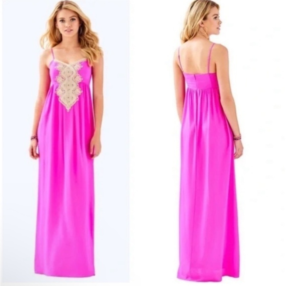 Rare Lilly Pulitzer  100% Silk Hot Pink Maxi Dress – Gold Embellished Bodice 2